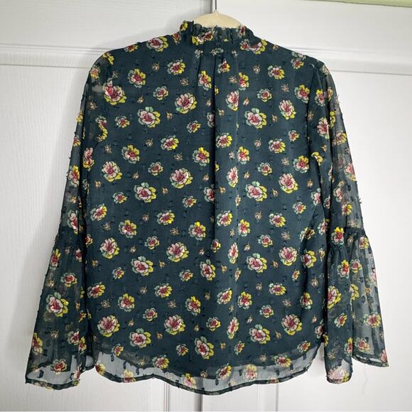 LOFT Bell Sleeve Blouse with Mandarin Collar Floral Print Chiffon XSP to Small - Picture 4 of 12